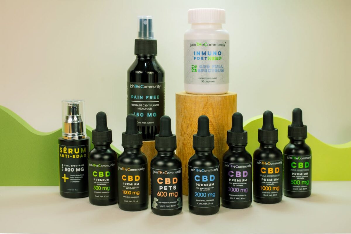 CBD healthcare and wellness products lineup featuring oils, serum, and supplements.