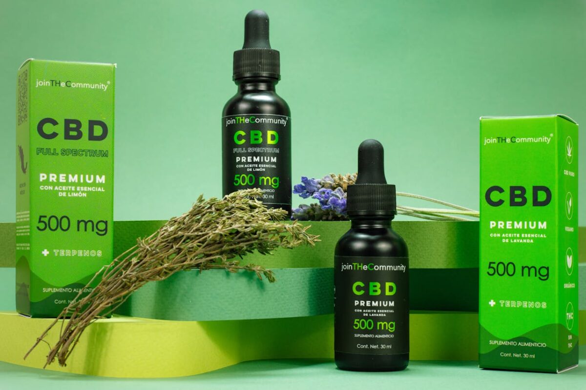 services-07 Explore CBD oil and boxes styled with lavender on a green background, promoting relaxation.